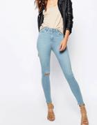 Asos Ridley Skinny Ankle Grazer Jeans In Surf Mid Stonewash With Ripped Knee And Pocket Abrasion - Surf Midstone Wash