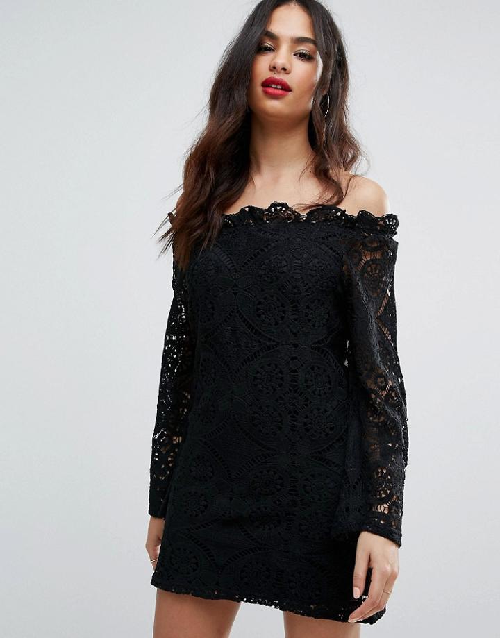 Prettylittlething Lace Bardot Swing Dress - Black