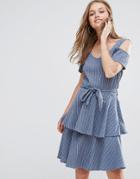 Liquorish Denim Cold Shoulder Dress With Ruffle Skirt - Blue