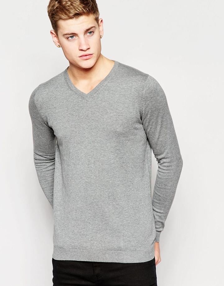 Jack & Jones Premium V Neck Knitted Jumper - Gray Melange