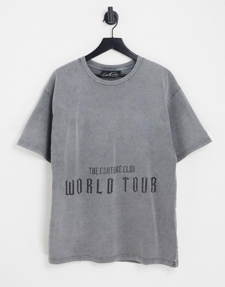 The Couture Club Oversized T-shirt In Acid Wash Gray With Gothic Heart Back Print