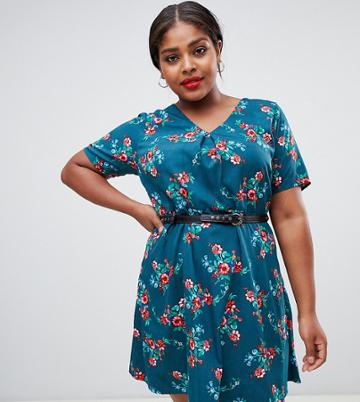Yumi Plus Floral Print Dress With Studded Belt-green