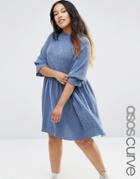 Asos Curve Smock Dress In Denim Textured Fabric - Blue