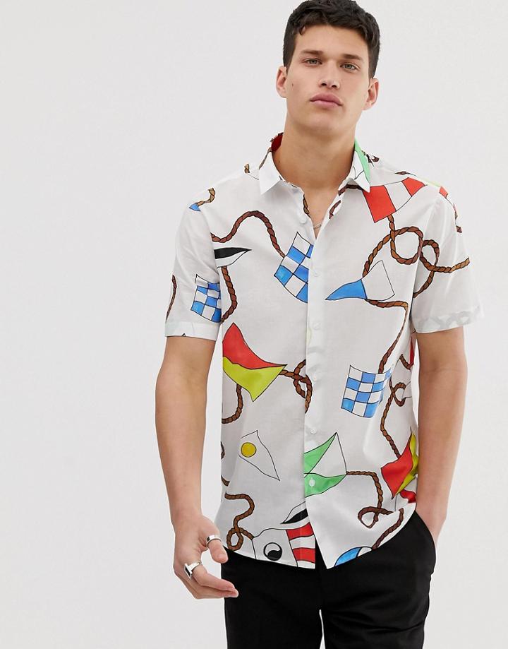 Asos Design Regular Shirt With Nautical Flag Print - White