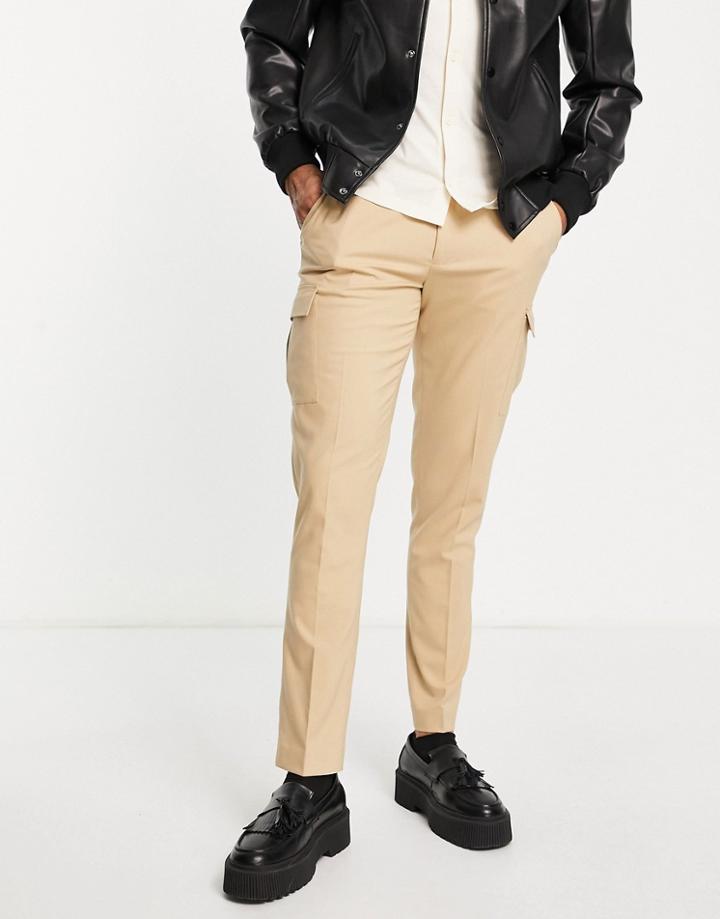 Asos Design Smart Tapered Pants With Cargo Pockets In Camel-neutral