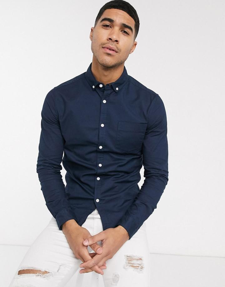 Asos Design Casual Skinny Oxford Shirt In Navy