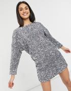 Urban Threads Sequinned Long Sleeve T-shirt Dress In Silver