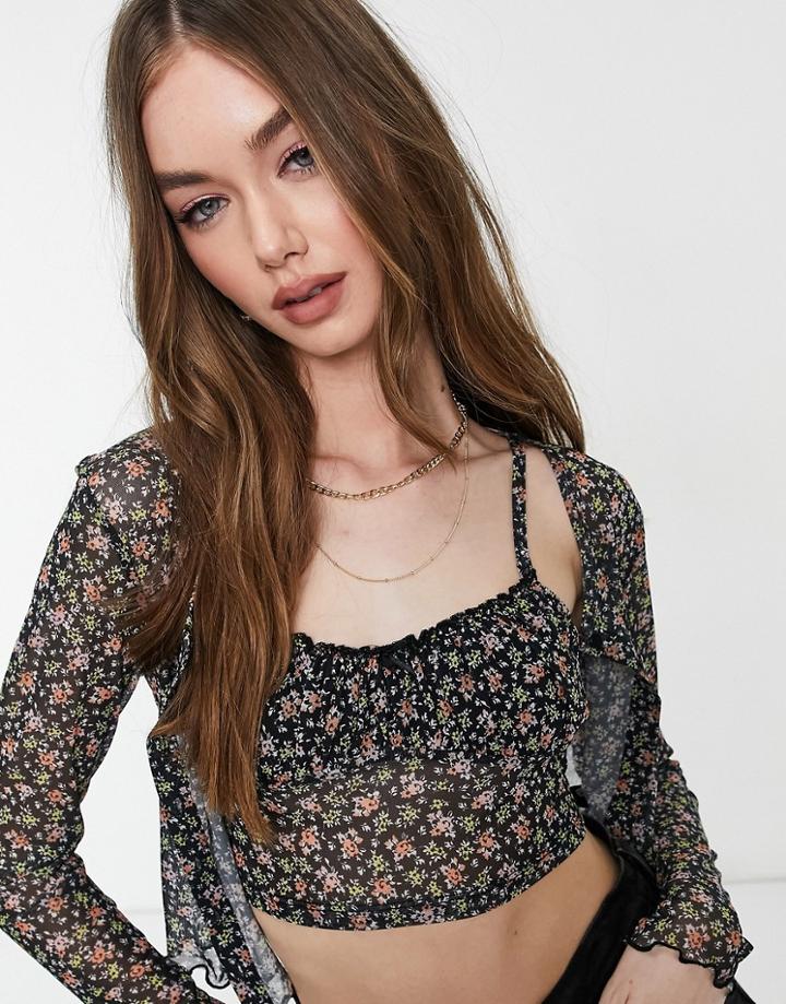 Asos Design Cardigan And Tank In Mesh Floral - Part Of A Set-black