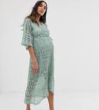 Asos Design Maternity Lace Wrap Midi Dress-green