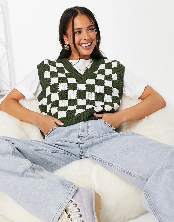 Topshop Knitted Boxy Tank In Green Checkerboard Pattern