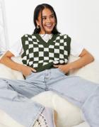 Topshop Knitted Boxy Tank In Green Checkerboard Pattern