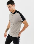 Asos Design Polo Shirt With Contrast Shoulder Panel In Beige - Beige