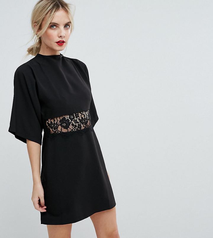 Asos Petite Kimono Sleeve Lace Insert Mini Dress - Black