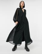 Asos Design Tie Neck Button-down Maxi Tea Dress In Black