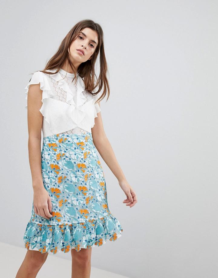 Three Floor Mini Lace Dress With Ruffle Detail - White