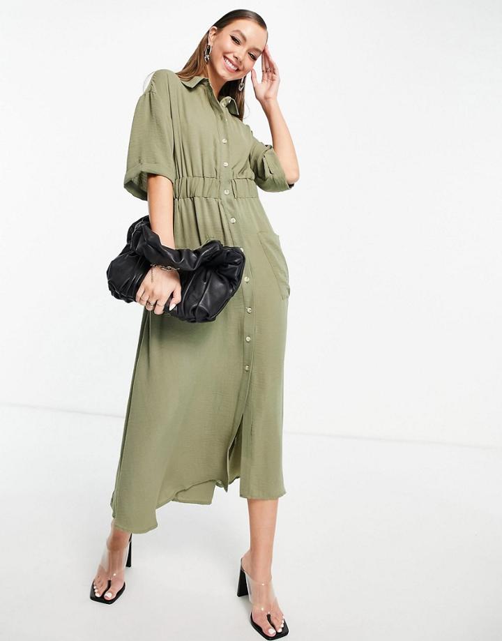 Asos Design Button Through Elastic Waist Midi Shirt Dress In Khaki-green