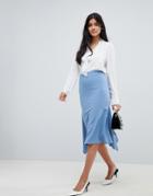 Asos Design Hanky Hem Midi Skirt In Scuba Crepe - Blue