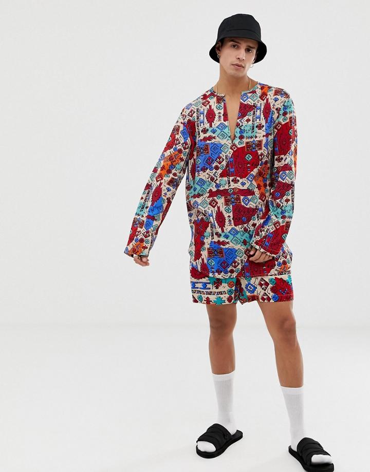 Asos Design Two-piece Slim Shorter Shorts In Geo-tribal Print - Beige