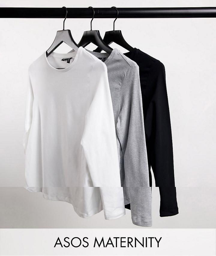 Asos Design Maternity 3-pack Ultimate Slim Fit T-shirts With Long Sleeves In Organic Cotton - Save-multi