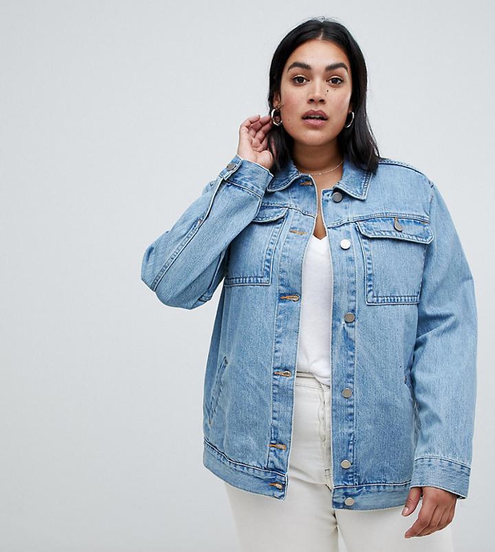 Asos Design Curve Denim Girlfriend Jacket In Stonewash Blue - Blue