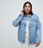 Asos Design Curve Denim Girlfriend Jacket In Stonewash Blue - Blue
