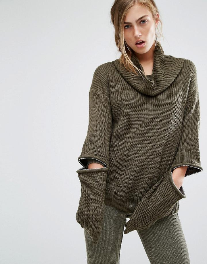 Parallel Lines High Neck Jumper With Zip Elbow Details - Green