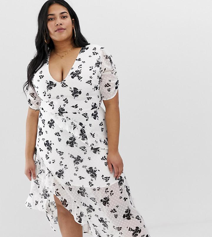 Wild Honey Plus Wrap Midi Dress In Floral - White