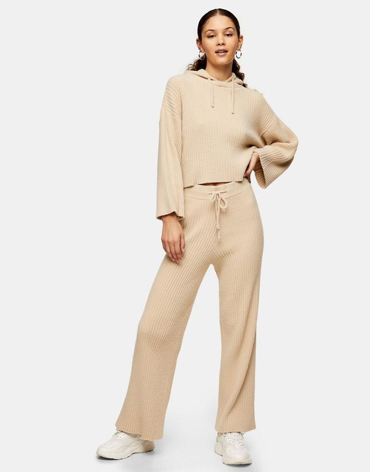 Topshop Wide Leg Soft Ribbed Pants In Beige-brown