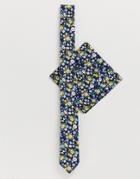 Asos Design Wedding Slim Tie & Pocket Square In Navy Floral Print-multi