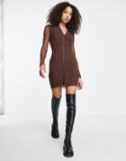 Bershka Ruched Mesh Shirt Mini Dress In Chocolate-brown