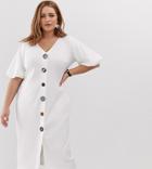 Asos Design Curve Slinky Rib Button Through Midi Dress With Puff Sleeve-white