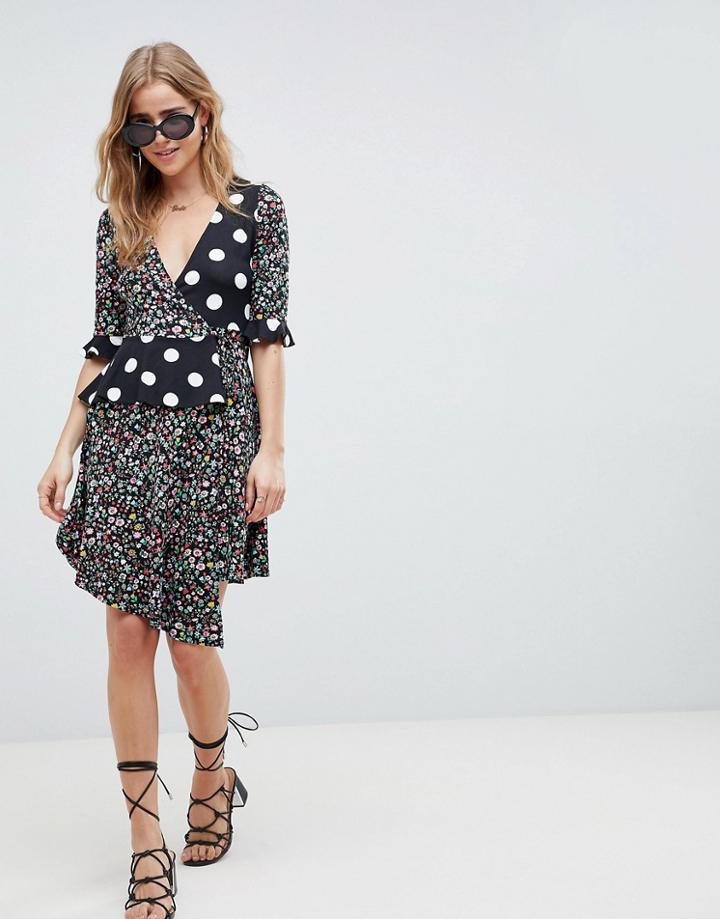 Asos Design Wrap Dress In Mixed Print-black