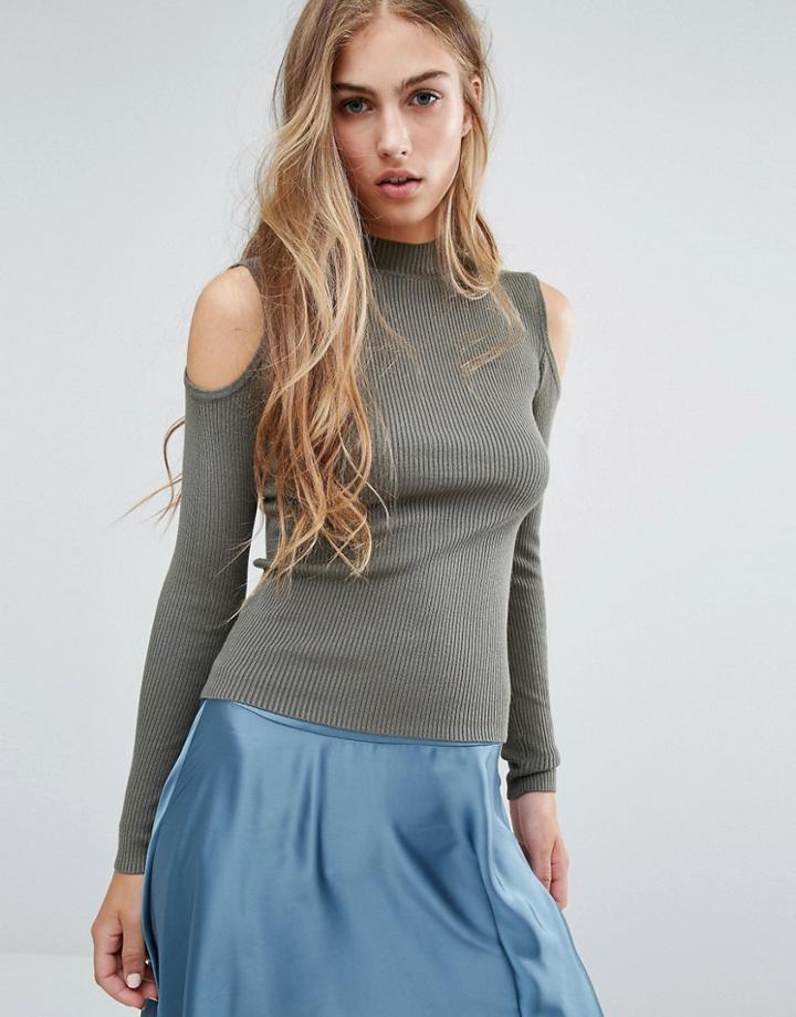 Miss Selfridge Cold Shoulder Rib Sweater - Green