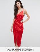Naanaa Tall Crossover Satin Asymetric Midi Dress - Red