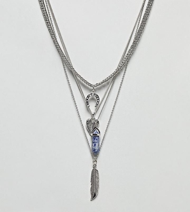 Sacred Hawk Multi Row Necklace With Pendants - Silver