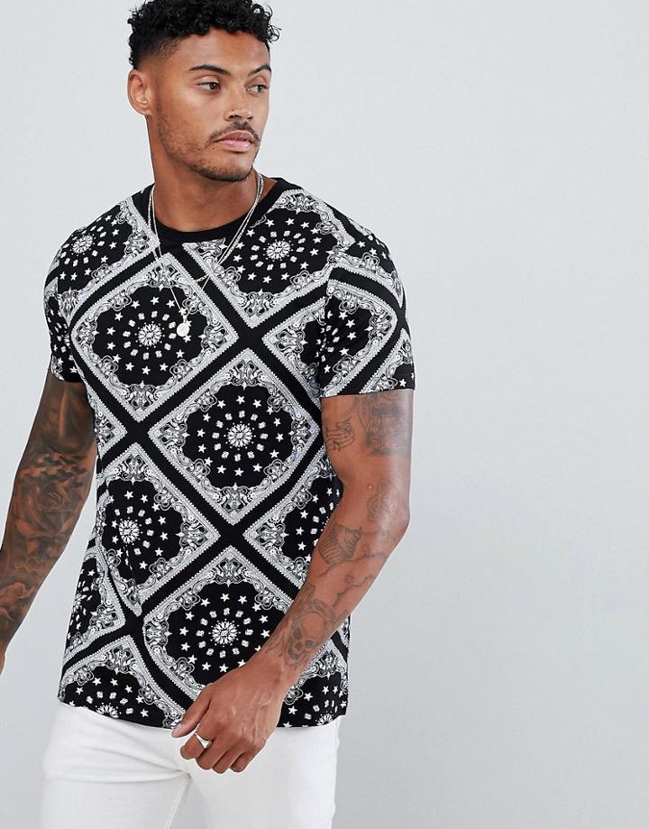 Asos Design T-shirt With All Over Bandana Print - Black