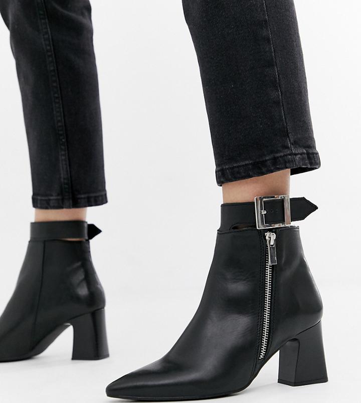 Depp Wide Fit Leather Side Zip Heeled Boots - Black
