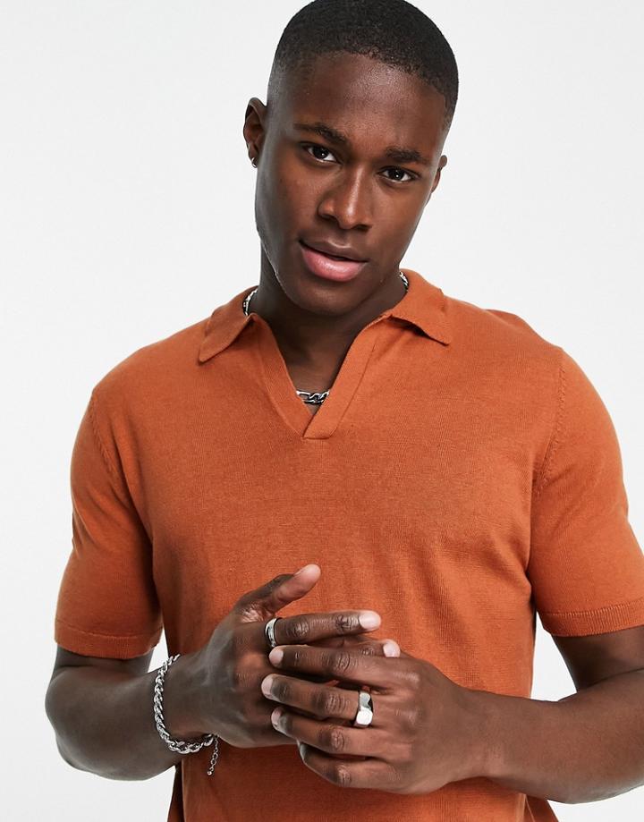 Asos Design Knitted Notch Neck Polo Shirt In Rust-orange