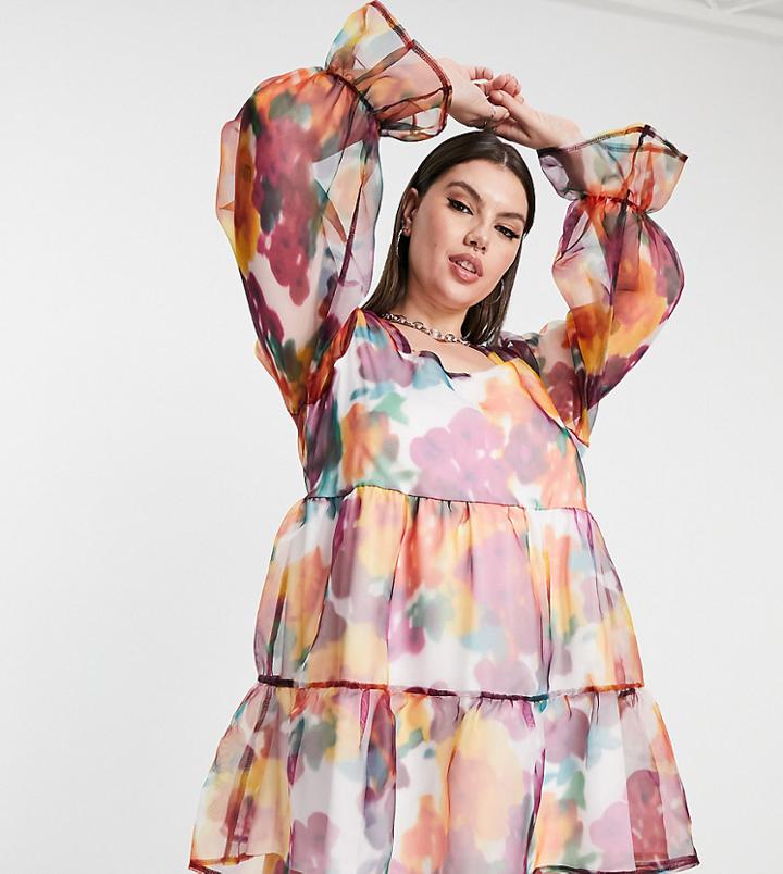 Twisted Wunder Plus Smock Mini Organza Dress In Watercolor Floral-multi