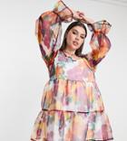 Twisted Wunder Plus Smock Mini Organza Dress In Watercolor Floral-multi