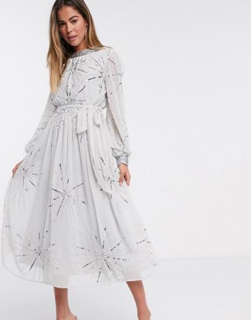 Frock And Frill Embellished Midi Dress In Silver Gray-grey