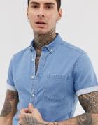 Asos Design Stretch Slim Denim Shirt In Light Wash - Blue
