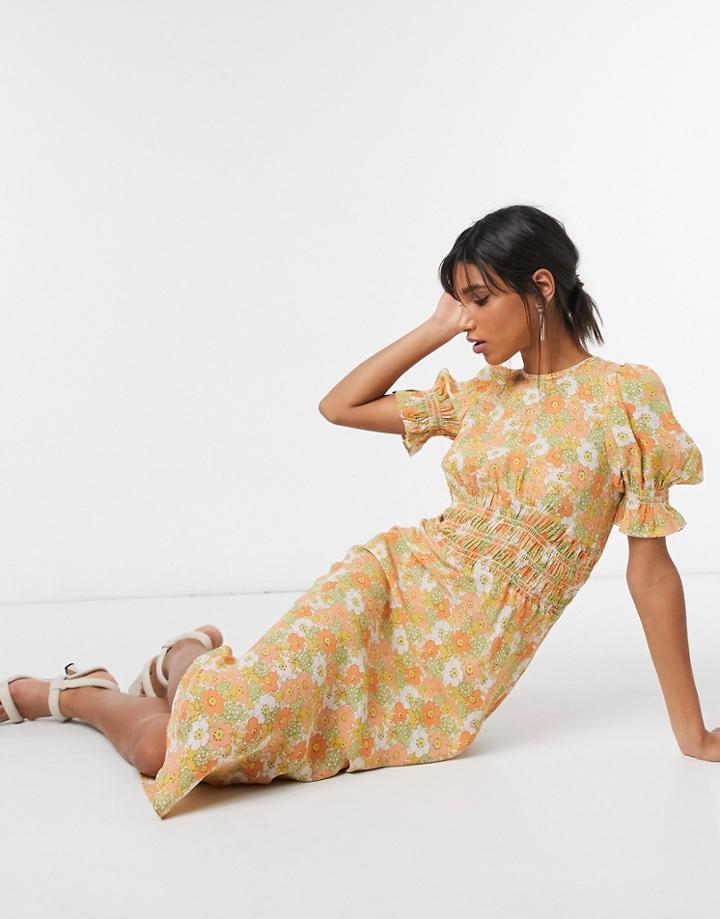 Asos Design Midi Tea Dress With Shirring Details In Yellow Ditsy Floral-multi