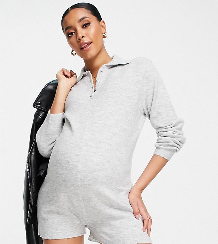 Asos Design Maternity Knit Romper With Collar Detail In Heather Gray-grey