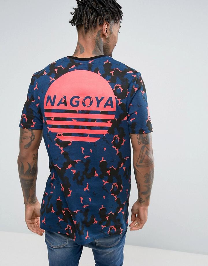 Asos Longline T-shirt With All Over Camo And Nagoya Print - Blue
