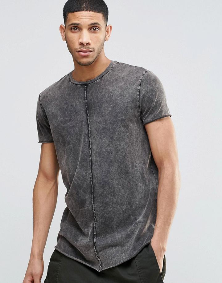 Asos Longline T-shirt With Seam Detail And Curved Hem In Acid Wash Gray - Light Acid Wash Gray