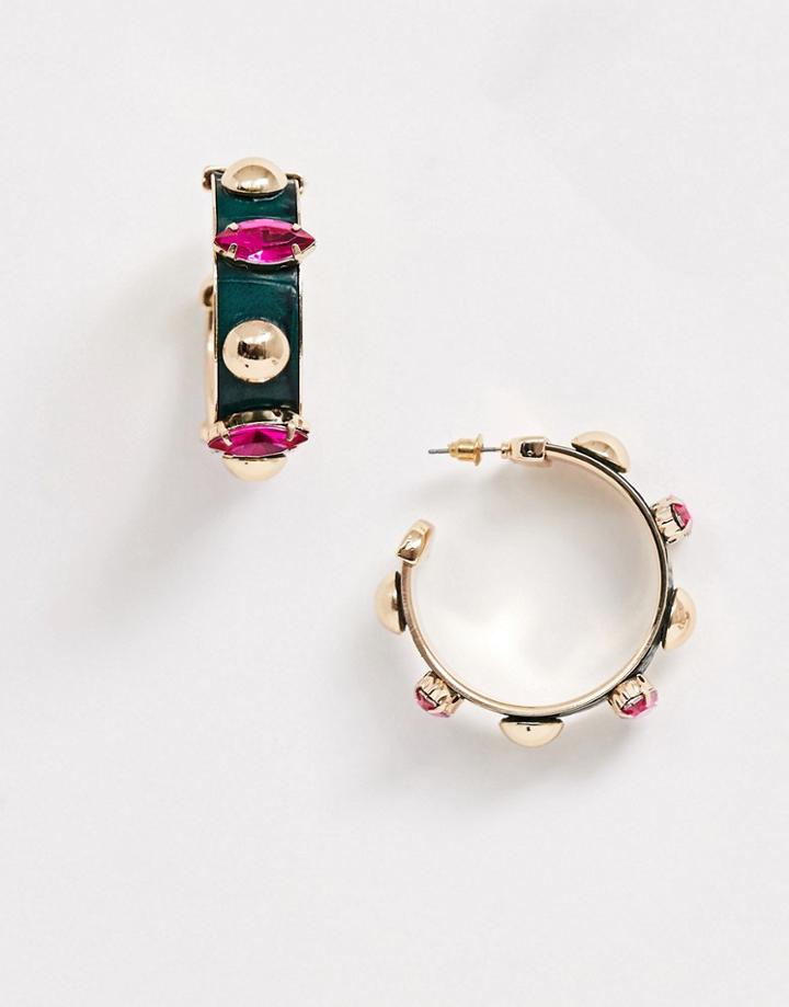 Asos Design Hoop Earrings With Faux Leather Inlay And Jewel Studs In Gold Tone