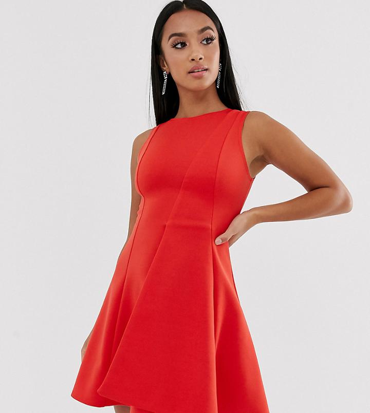 Asos Design Petite Seamed Fold Detail Skater Mini Dress-red