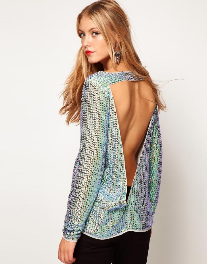 Asos Top With Iridescent Sequins And Cutout V Back