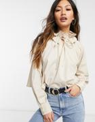 Asos Design Cotton Ruffle Neck Detail Top With Tie Front Detail In Stone-neutral